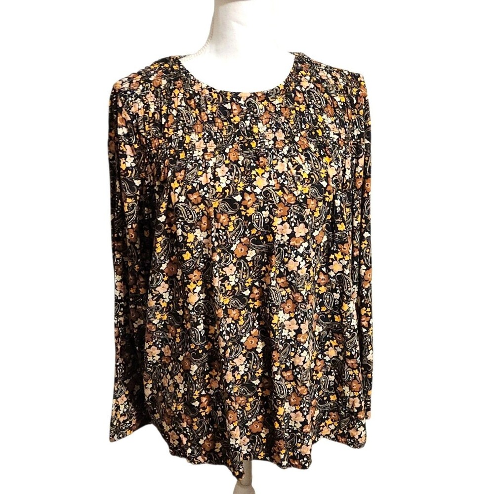 J Jill Peasant Top Smocked Black w/ Brown Tan Floral Keyhole Back Womens Mp Boho